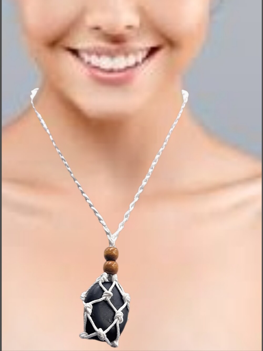 Black Hemp Rope Necklace w/ 2 Brown Wood Beads & a Black River Rock Pendant NWOT